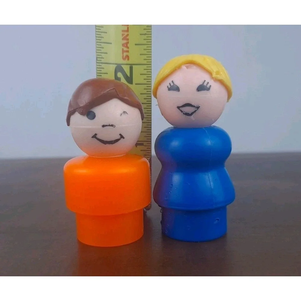 Vintage Fisher Price Little People Mom Blue Dress & Boy Orange Body 1970s Toy